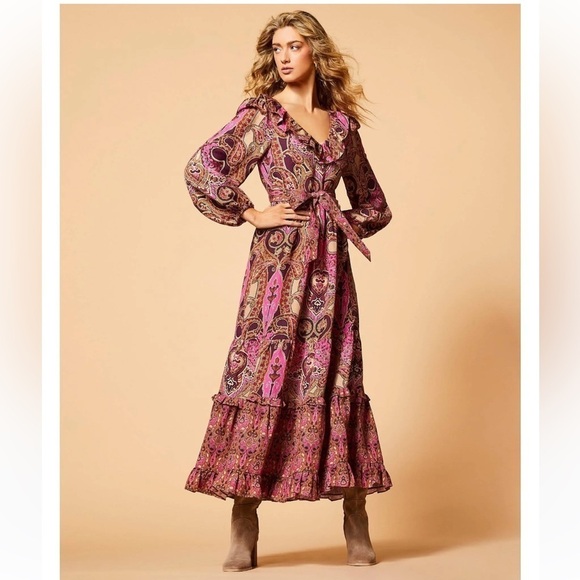 A LOVES A Paisley Printed Ruffled Linen V-Neck Maxi Dress Bohemian Size M NEW - Picture 1 of 10
